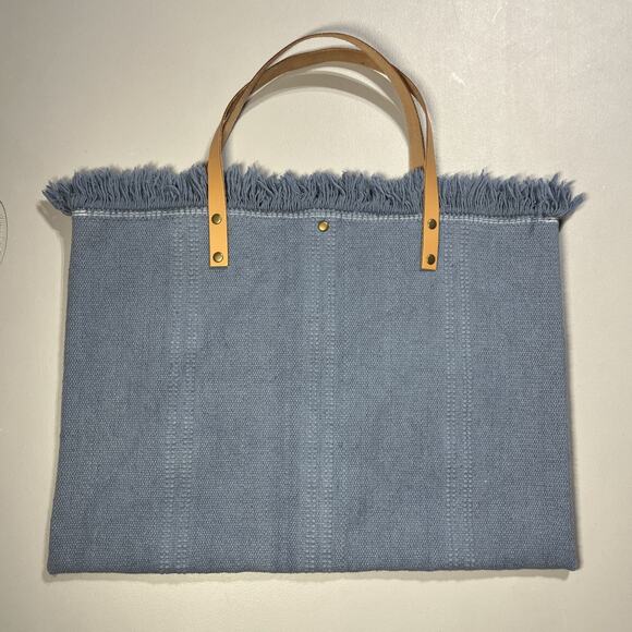 Bonjour Canvas Tote Bag Blue with Fringe Top Boho Summer Beachy Coastal - Picture 2 of 8